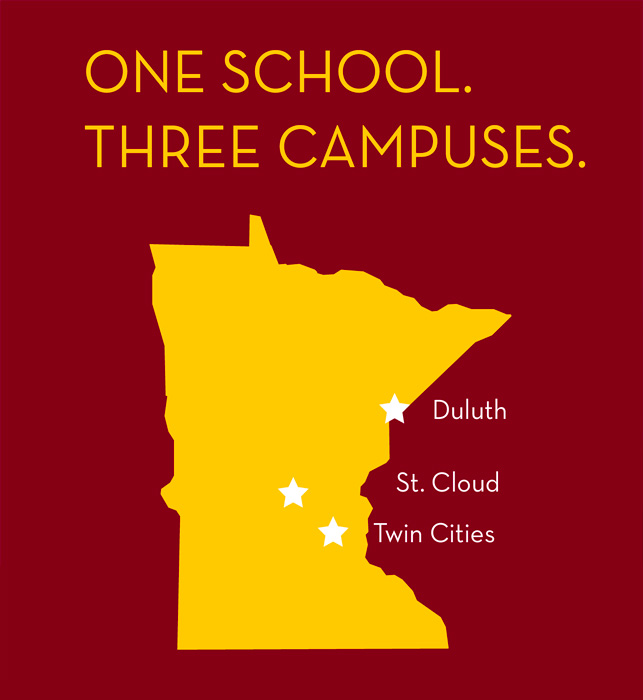 One School Three campuses map with Twin Cities, Duluth, St. Cloud